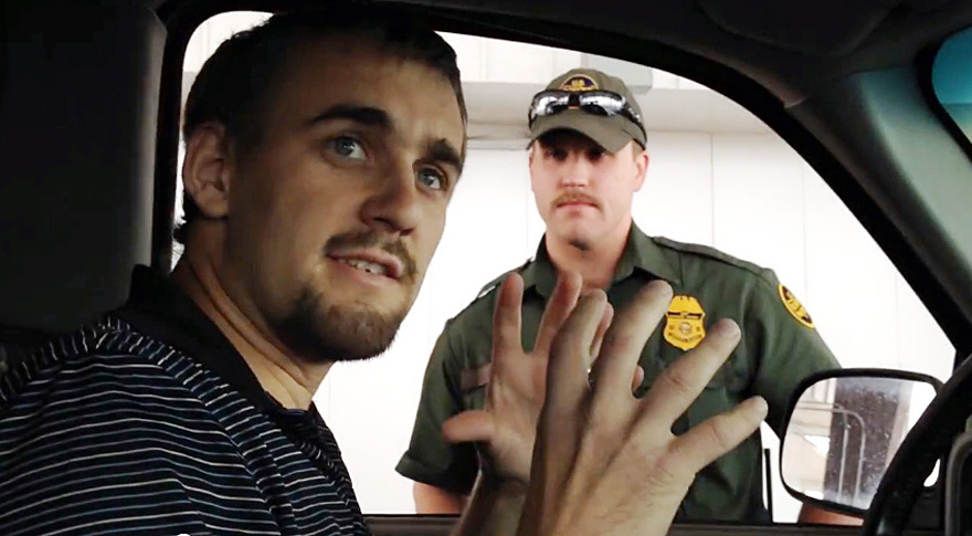 Gavin giving a speech to the camera while being detained at an inland border checkpoint. Adventures abound