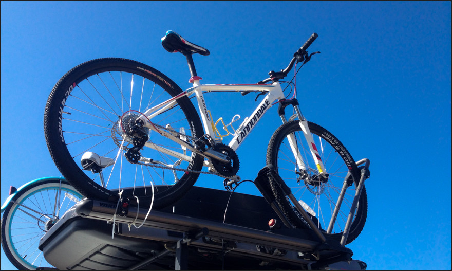A Yakima rack system gives us lots of extra storage. Room for bikes, storage bin and even a shooting platform.